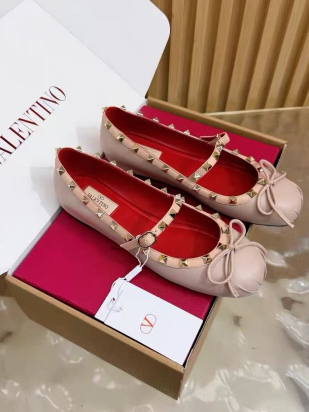 Valentino Nude Leather Round‑Toe Studded Mary Jane Ballet Flats